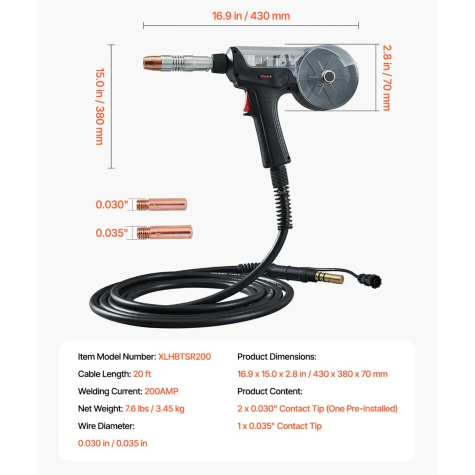 VEVOR 200Amp Spool Gun with 20FT Cable, Compatible with Hobart lronMan 240 Mig Welders, Suitable for 0.030" and 0.035" Flux Core/Solid/Aluminum Welding Wires