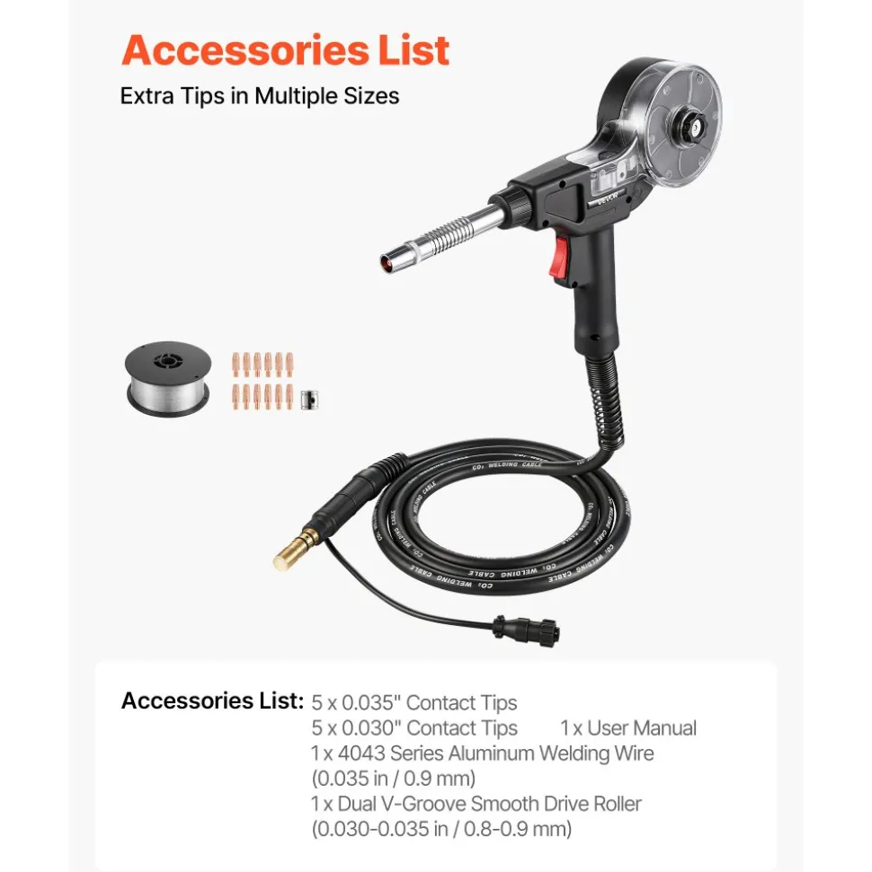 VEVOR 135Amp Spool Gun with 10FT Cable, Replacement for Miller Spoolmate 100 - with 11PCS Mig Welding Contact Tips & ER4043 0.035" Aluminum Mig Welding Wire