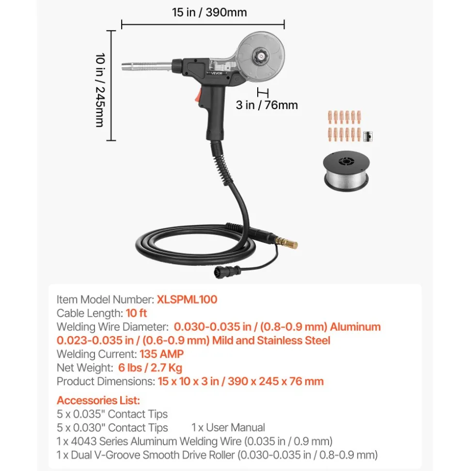 VEVOR 135Amp Spool Gun with 10FT Cable, Replacement for Miller Spoolmate 100 - with 11PCS Mig Welding Contact Tips & ER4043 0.035" Aluminum Mig Welding Wire