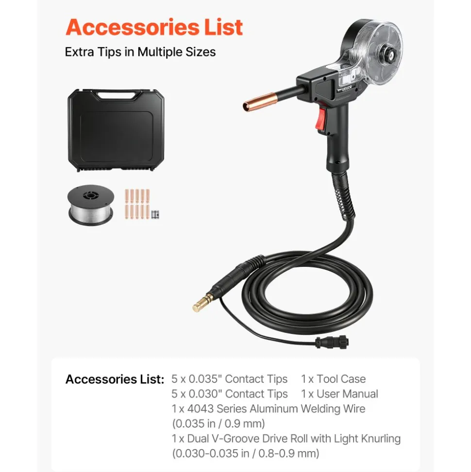 VEVOR 130Amp Spool Gun with 10FT Cable, Replacement for Lincoln Magnum 100SG K2532-1 - with 11PCS Mig Welding Contact Tips, ER4043 0.035" Aluminum Mig Welding Wire & Toolbox