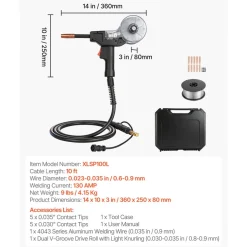 VEVOR 130Amp Spool Gun with 10FT Cable, Replacement for Lincoln Magnum 100SG K2532-1 - with 11PCS Mig Welding Contact Tips, ER4043 0.035
