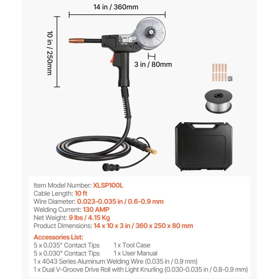 VEVOR 130Amp Spool Gun with 10FT Cable, Replacement for Lincoln Magnum 100SG K2532-1 - with 11PCS Mig Welding Contact Tips, ER4043 0.035" Aluminum Mig Welding Wire & Toolbox