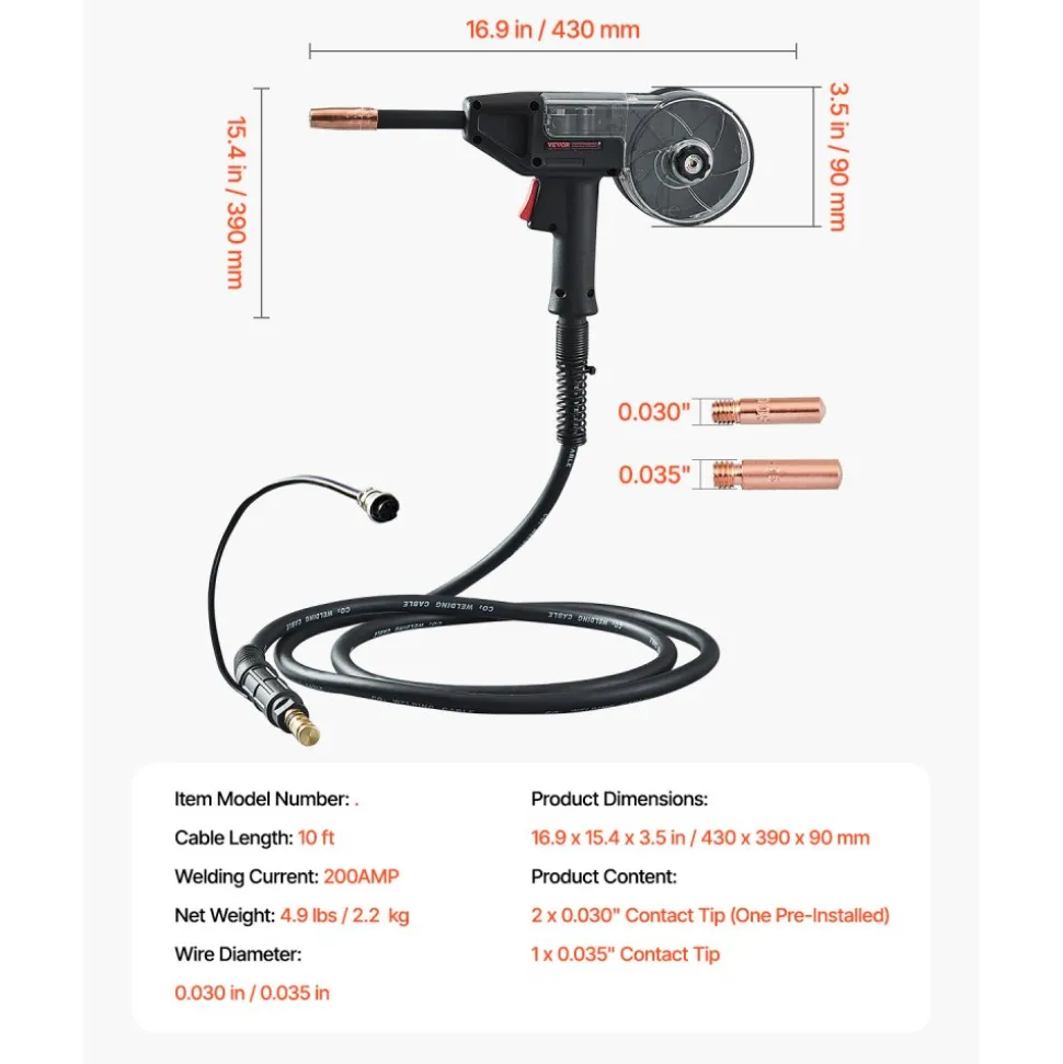 VEVOR 200Amp Spool Gun with 10FT Cable, Compatible with W Weldpro MlG200GDsv200 and MIG155GD Welders, Suitable for 0.030" and 0.035" Flux Core/Solid/Aluminum Welding Wires