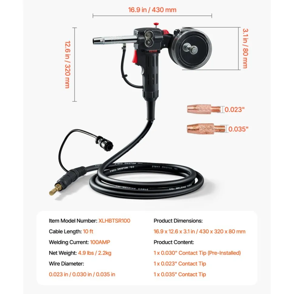VEVOR 100Amp Spool Gun with 10FT Cable, Compatible with Hobart Handler 210 MVP Mig Welders, Suitable for 0.023", 0.030" and 0.035" Flux Core/Solid/Aluminum Welding Wires