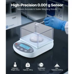 VEVOR Analytical Balance, 200 g x 0.001 g, High Precision Accuracy Lab Scale, 13 Units Electronic Digital Analytical Balance with Glass Draft Shield and Weighing Pan, for Laboratory Jewelry Pharmacy