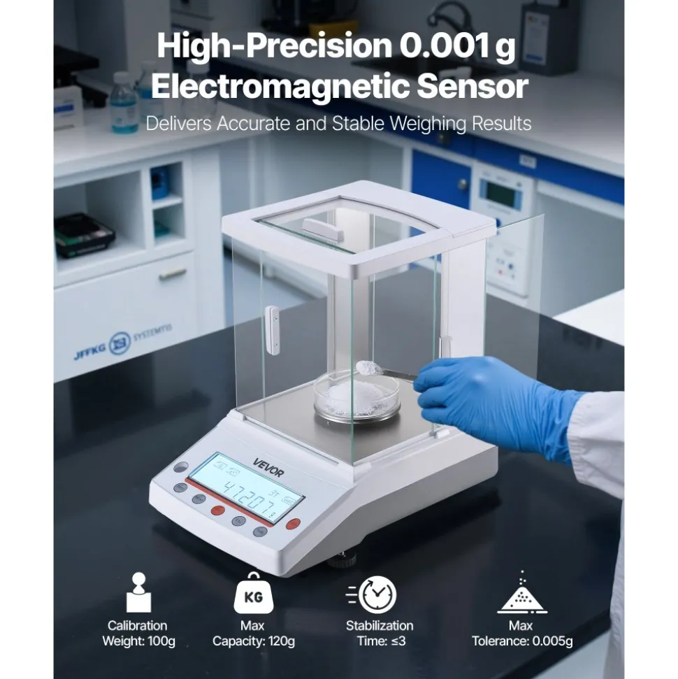 VEVOR Analytical Balance, 120 g x 0.001 g High Precision Accuracy Lab Scale, g/oz/ct/mg 4 Units Electronic Digital Analytical Balance with Glass Draft Shield, for Laboratory Jewelry Pharmacy