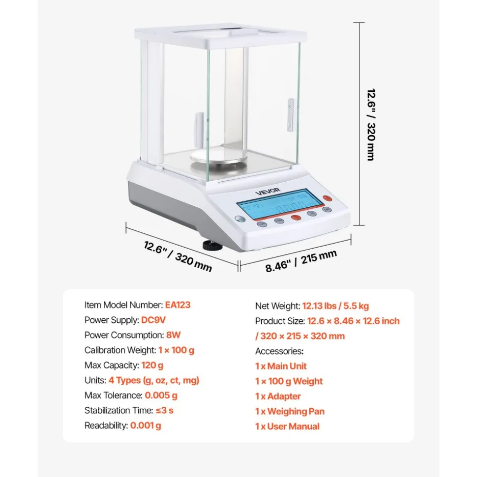 VEVOR Analytical Balance, 120 g x 0.001 g High Precision Accuracy Lab Scale, g/oz/ct/mg 4 Units Electronic Digital Analytical Balance with Glass Draft Shield, for Laboratory Jewelry Pharmacy