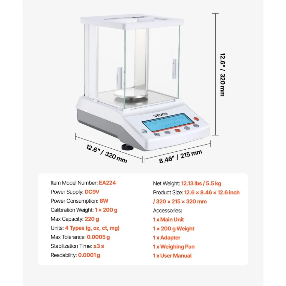 VEVOR Analytical Balance, 220 g x 0.1 mg, 0.0001 g High Precision Accuracy Lab Scale, g/oz/ct/mg 4 Units Electronic Digital Analytical Balance with Glass Draft Shield, for Laboratory Jewelry Pharmacy