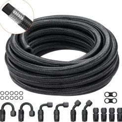 VEVOR 8AN Fuel Line Kit, 20 FT Fuel Hose Kit, 0.43" Nylon Stainless Steel Braided Fuel Line Oil/Gas/Diesel Hose End Fitting Kit, with 12 PCS Swivel Fitting Adapter Kit, Black