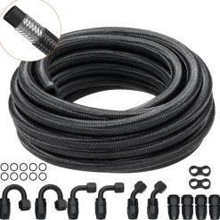 VEVOR 6AN Fuel Line Kit, 20 FT Fuel Hose Kit, 0.34" Nylon Stainless Steel Braided Fuel Line Oil/Gas/Diesel Hose End Fitting Kit, with 12 PCS Swivel Fitting Adapter Kit, Black
