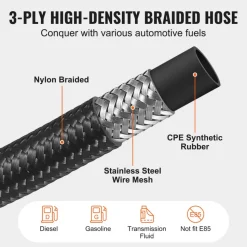 VEVOR 6AN Fuel Line Kit, 20 FT Fuel Hose Kit, 0.34" Nylon Stainless Steel Braided Fuel Line Oil/Gas/Diesel Hose End Fitting Kit, with 12 PCS Swivel Fitting Adapter Kit, Black