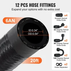 VEVOR 6AN Fuel Line Kit, 20 FT Fuel Hose Kit, 0.34