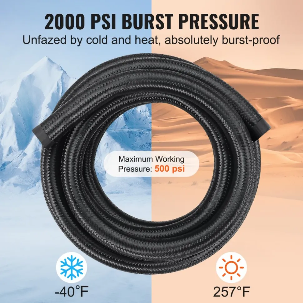 VEVOR 10AN Fuel Line Kit, 10 FT Fuel Hose Kit, 0.55" Nylon Stainless Steel Braided Fuel Line Oil/Gas/Diesel Hose End Fitting Kit, with 7 PCS Swivel Fitting Adapter Kit, Black