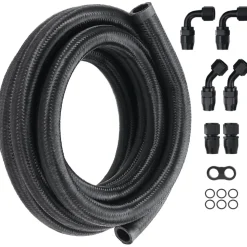 VEVOR 10AN Fuel Line Kit, 10 FT Fuel Hose Kit, 0.55" Nylon Stainless Steel Braided Fuel Line Oil/Gas/Diesel Hose End Fitting Kit, with 7 PCS Swivel Fitting Adapter Kit, Black