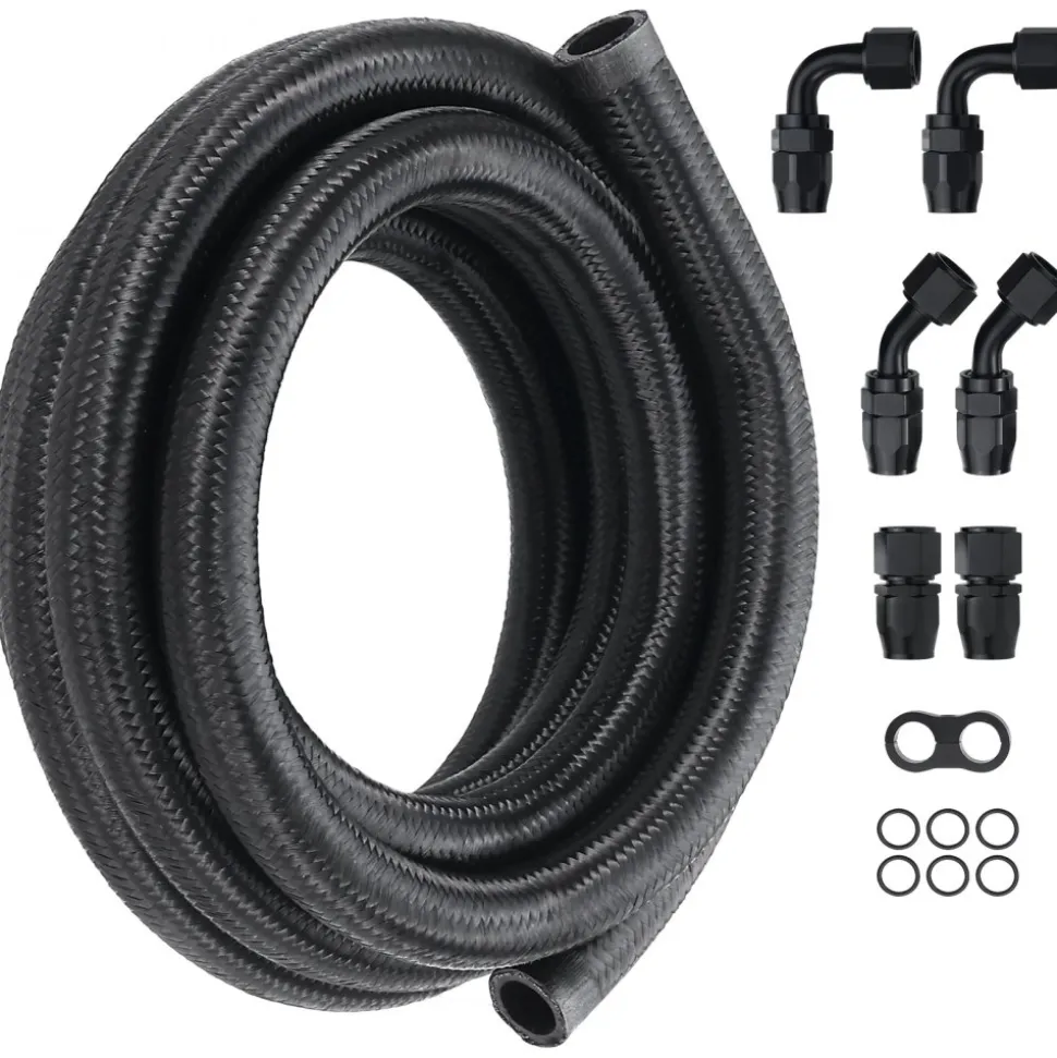 VEVOR 10AN Fuel Line Kit, 10 FT Fuel Hose Kit, 0.55" Nylon Stainless Steel Braided Fuel Line Oil/Gas/Diesel Hose End Fitting Kit, with 7 PCS Swivel Fitting Adapter Kit, Black