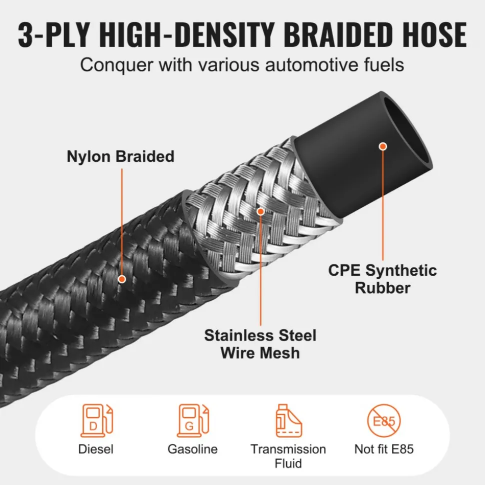 VEVOR 10AN Fuel Line Kit, 10 FT Fuel Hose Kit, 0.55" Nylon Stainless Steel Braided Fuel Line Oil/Gas/Diesel Hose End Fitting Kit, with 7 PCS Swivel Fitting Adapter Kit, Black