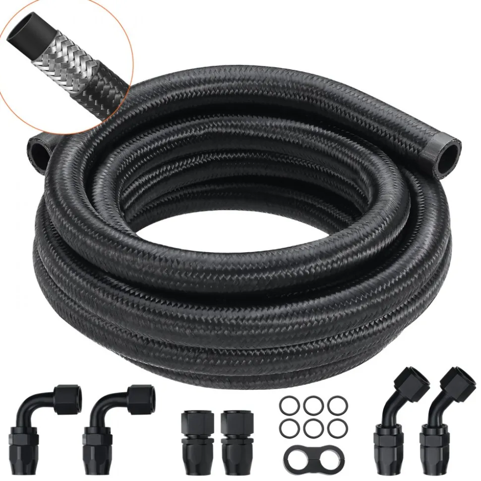 VEVOR 10AN Fuel Line Kit, 10 FT Fuel Hose Kit, 0.55" Nylon Stainless Steel Braided Fuel Line Oil/Gas/Diesel Hose End Fitting Kit, with 7 PCS Swivel Fitting Adapter Kit, Black