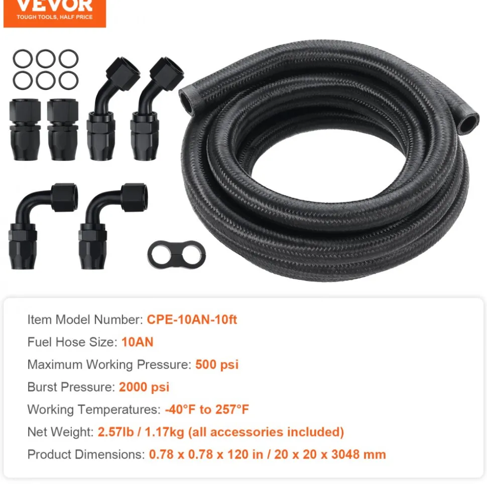 VEVOR 10AN Fuel Line Kit, 10 FT Fuel Hose Kit, 0.55" Nylon Stainless Steel Braided Fuel Line Oil/Gas/Diesel Hose End Fitting Kit, with 7 PCS Swivel Fitting Adapter Kit, Black
