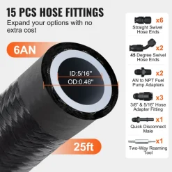 VEVOR 6AN Fuel Line Kit, 25 FT Fuel Hose Kit, 5/16