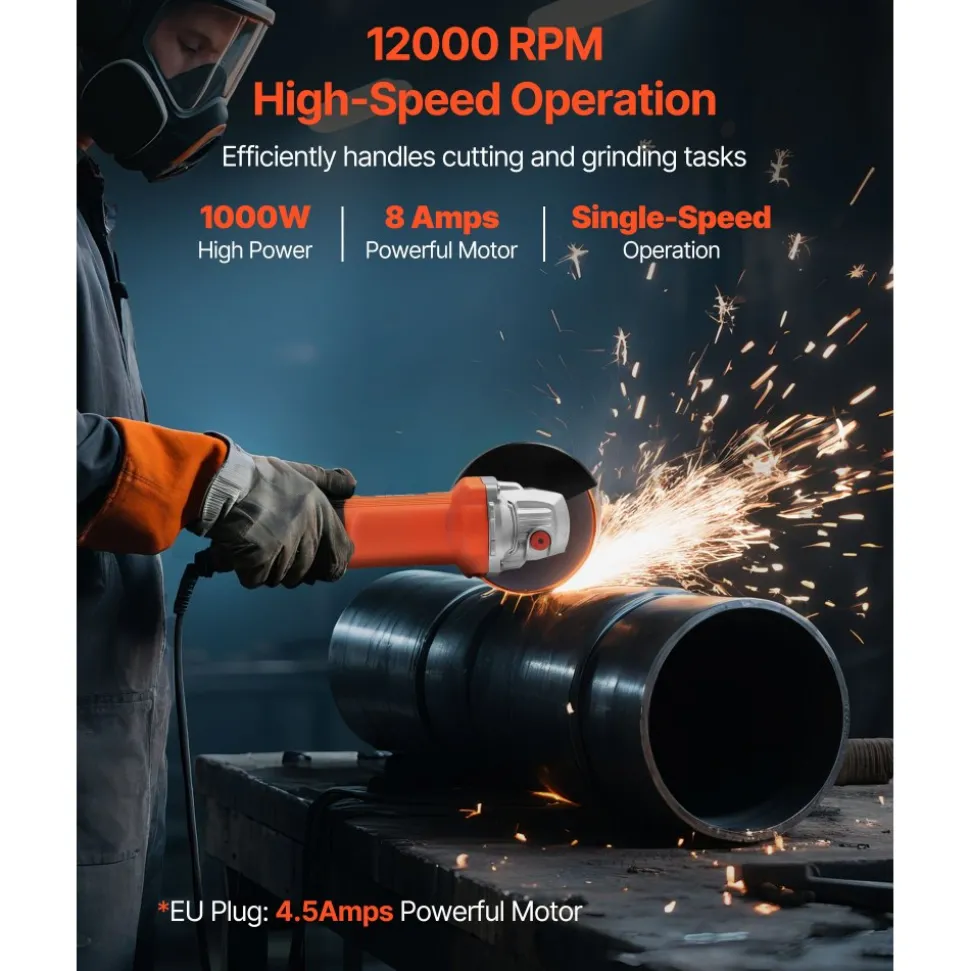 VEVOR Angle Grinder, 4-1/2" Electric Grinder Power Tool, 8Amps 12000RPM High-Speed Corded Angle Grinders with 230° Adjustable Dust Guard for Metal Grinding, Cutting, Rust Removal (Disc Not Included)