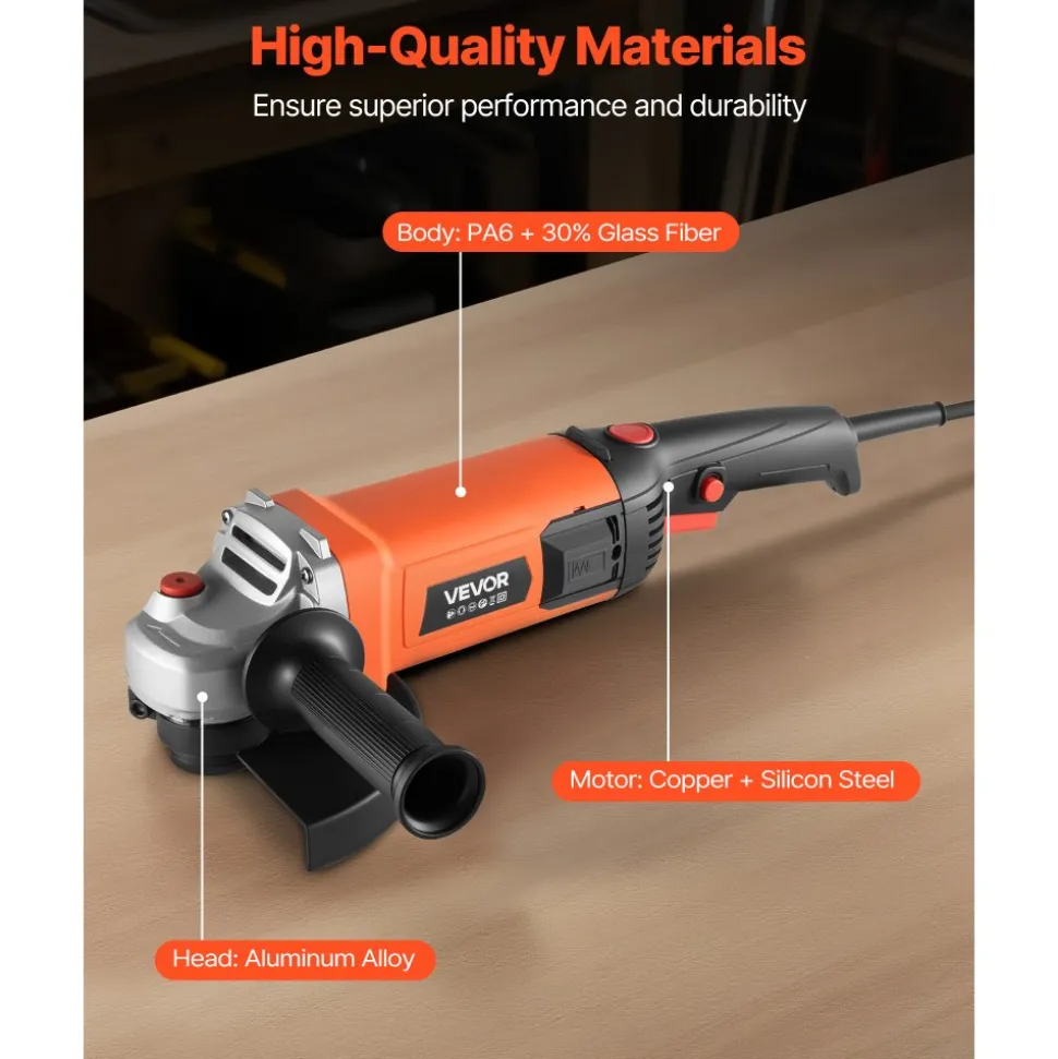 VEVOR Angle Grinder, 7" Electric Grinder Power Tool, 13Amps 8500RPM High-Speed Corded Angle Grinders with 270° Adjustable Dust Guard for Metal Grinding, Cutting, Rust Removal (Disc Not Included)