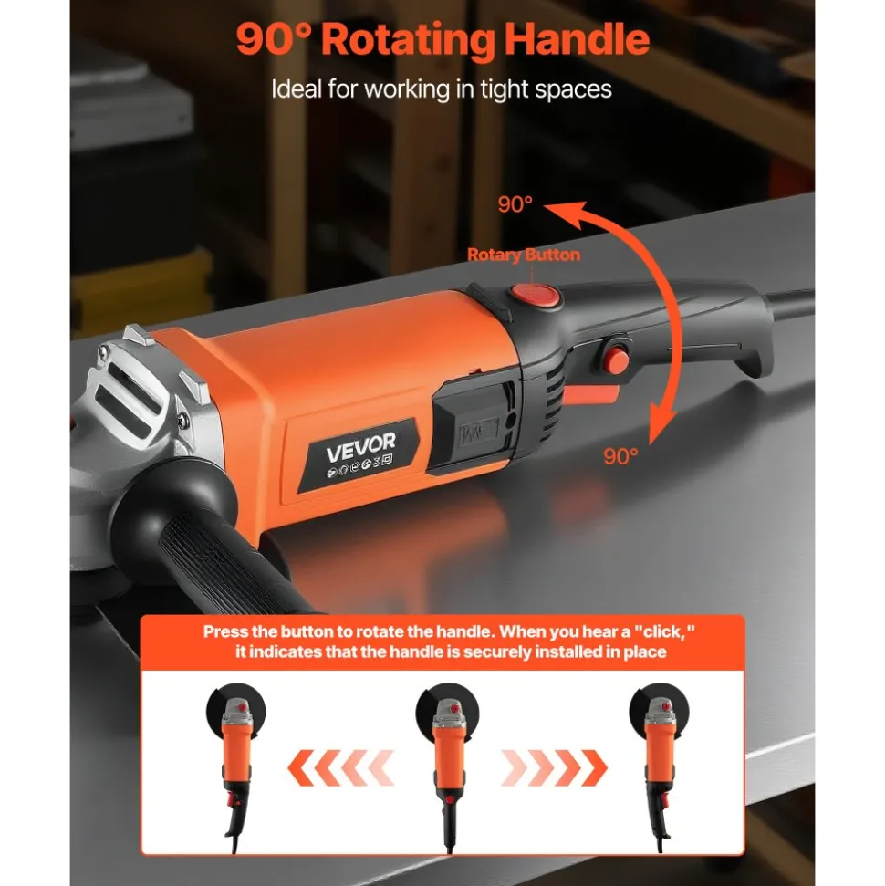 VEVOR Angle Grinder, 7" Electric Grinder Power Tool, 13Amps 8500RPM High-Speed Corded Angle Grinders with 270° Adjustable Dust Guard for Metal Grinding, Cutting, Rust Removal (Disc Not Included)