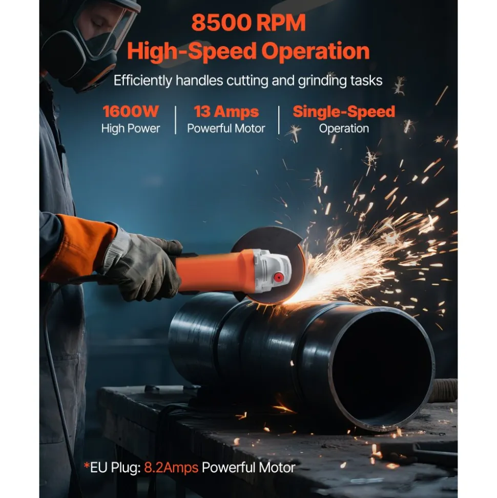 VEVOR Angle Grinder, 7" Electric Grinder Power Tool, 13Amps 8500RPM High-Speed Corded Angle Grinders with 270° Adjustable Dust Guard for Metal Grinding, Cutting, Rust Removal (Disc Not Included)