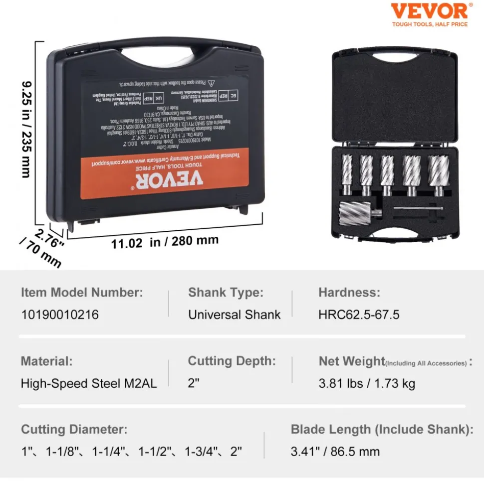 VEVOR Annular Cutter Set, 6 pcs Universal Shank Mag Drill Bits, 1" to 2" Cutting Diameter, 2" Cutting Depth, M2AL High-Speed Steel, with 2 Pilot Pins and Portable Case, for Using with Magnetic Drills