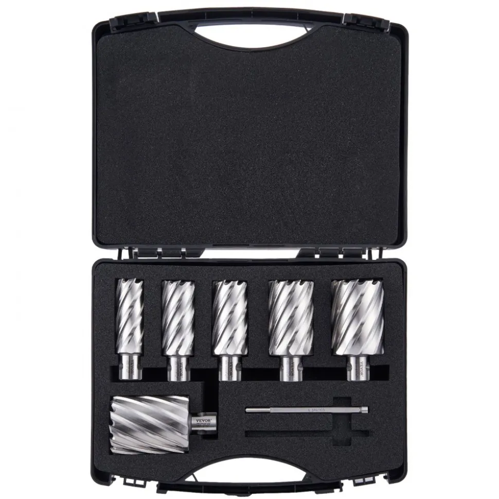 VEVOR Annular Cutter Set, 6 pcs Universal Shank Mag Drill Bits, 1" to 2" Cutting Diameter, 2" Cutting Depth, M2AL High-Speed Steel, with 2 Pilot Pins and Portable Case, for Using with Magnetic Drills