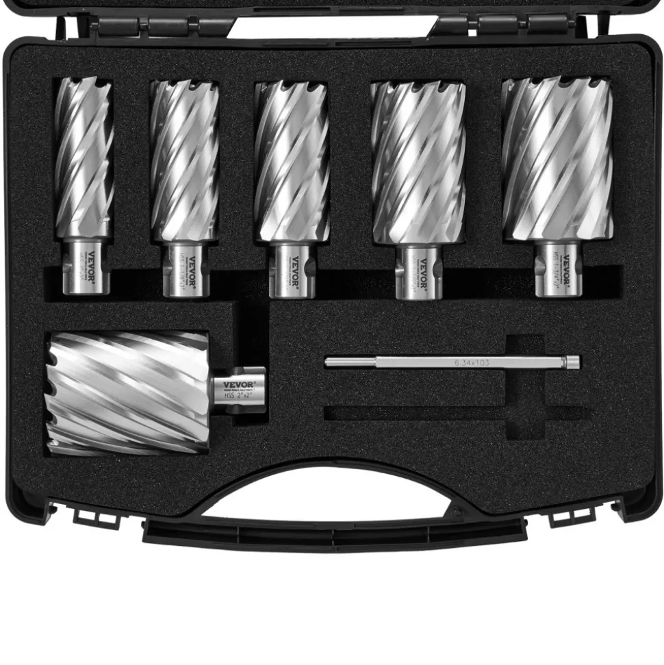 VEVOR Annular Cutter Set, 6 pcs Universal Shank Mag Drill Bits, 1" to 2" Cutting Diameter, 2" Cutting Depth, M2AL High-Speed Steel, with 2 Pilot Pins and Portable Case, for Using with Magnetic Drills
