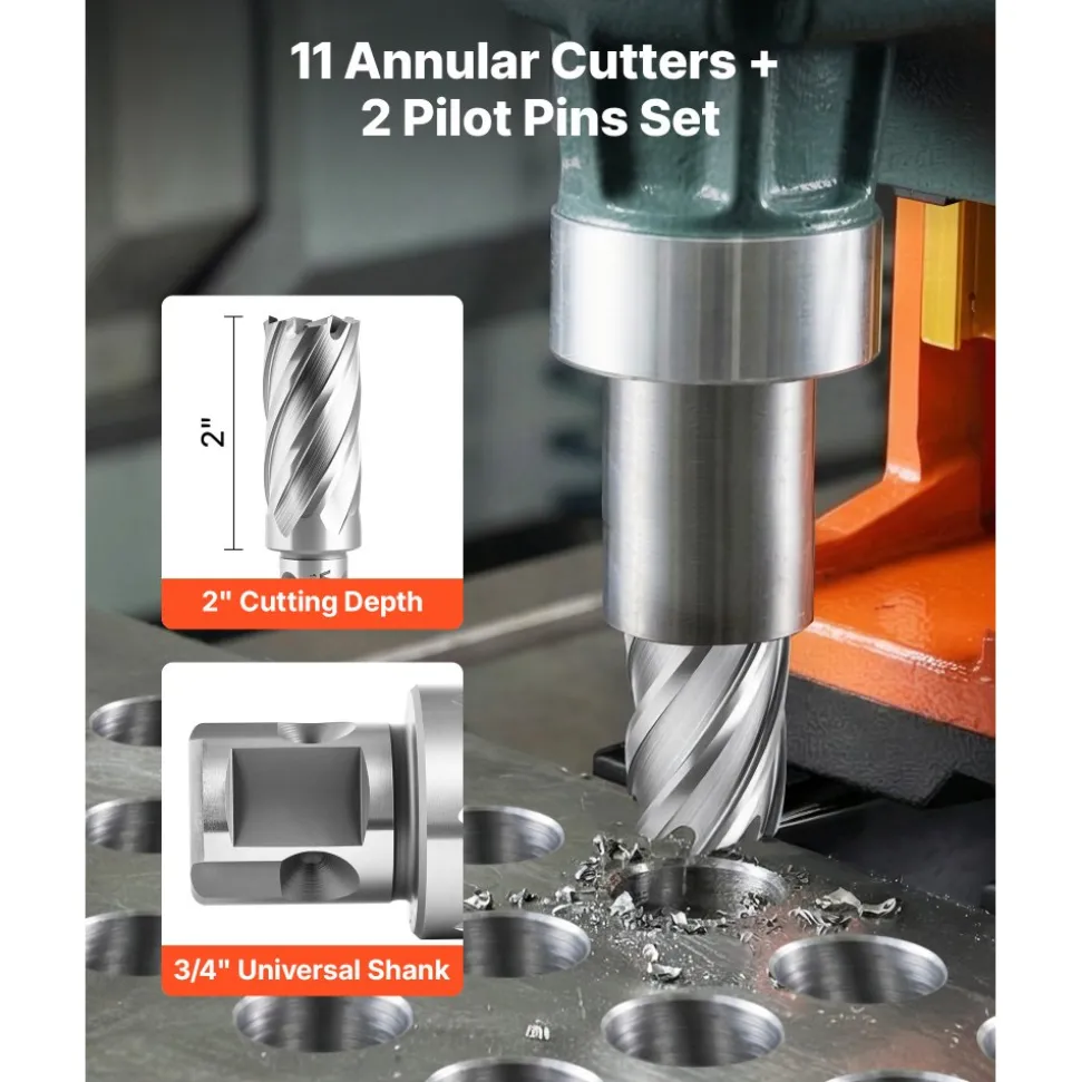 VEVOR Annular Cutter Set, 13 pcs Universal Shank Mag Drill Bits Kit, 2" Cutting Depth, 7/16" to 1-1/16" Cutting Diameter, HSS, 11 Drill Bits with 2 Pilot Pins, Plastic Case, for Magnetic Drills, Steel