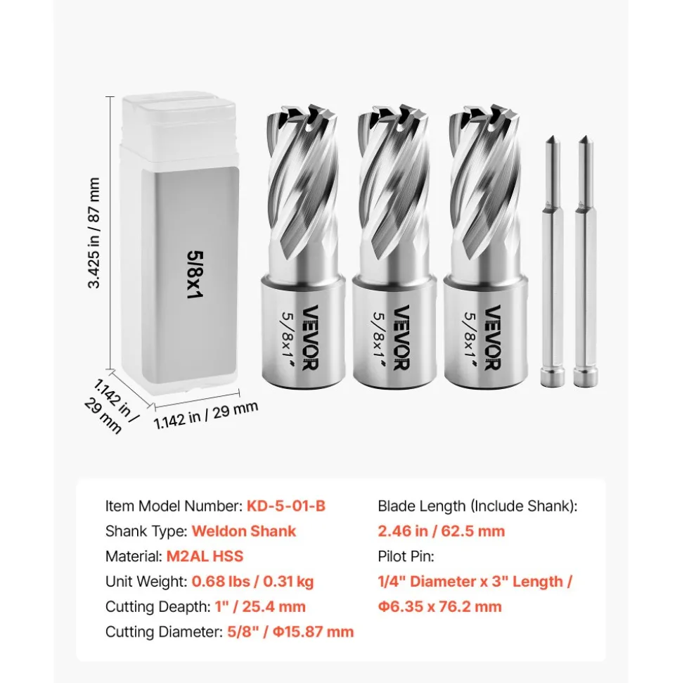 VEVOR Annular Cutter Set, 5 pcs Weldon Shank Mag Drill Bits Kit, 1" Cutting Depth, 5/8" Cutting Diameter, HSS, 3 Drill Bits with 2 Pilot Pins and 3 Plastic Cases, for Magnetic Drills, Steel, Aluminum