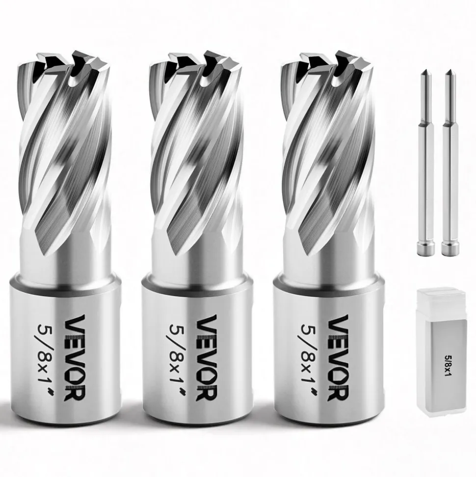 VEVOR Annular Cutter Set, 5 pcs Weldon Shank Mag Drill Bits Kit, 1" Cutting Depth, 5/8" Cutting Diameter, HSS, 3 Drill Bits with 2 Pilot Pins and 3 Plastic Cases, for Magnetic Drills, Steel, Aluminum