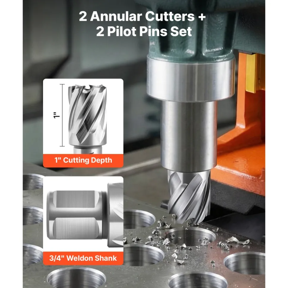 VEVOR Annular Cutter Set, 4 pcs Weldon Shank Mag Drill Bits Kit, 1" Cutting Depth, 1" Cutting Diameter, HSS, 2 Drill Bits with 2 Pilot Pins and Plastic Cases, for Magnetic Drills, Steel, Aluminum