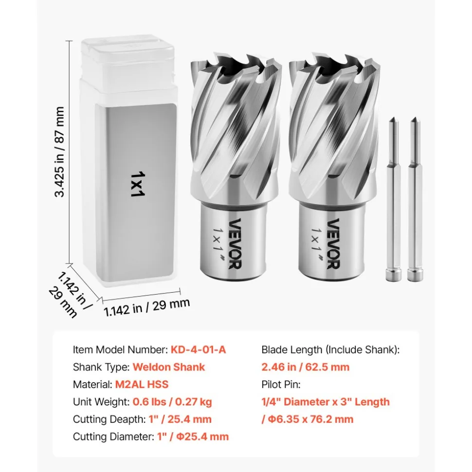 VEVOR Annular Cutter Set, 4 pcs Weldon Shank Mag Drill Bits Kit, 1" Cutting Depth, 1" Cutting Diameter, HSS, 2 Drill Bits with 2 Pilot Pins and Plastic Cases, for Magnetic Drills, Steel, Aluminum