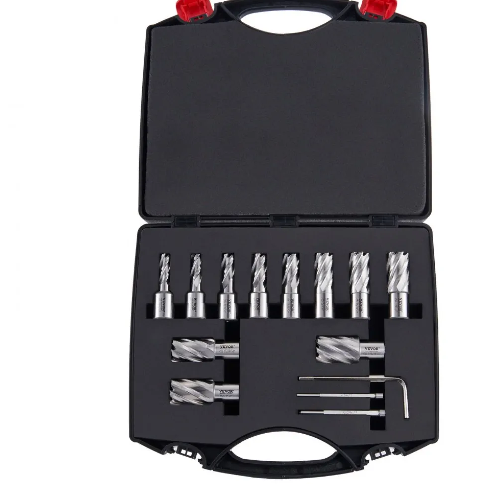 VEVOR Annular Cutter Set, 13 pcs Weldon Shank Mag Drill Bits, 7/16" to 1-1/16" Cutting Diameter, 1" Cutting Depth, M2AL HSS, 2 Pilot Pins, Hex Wrench and Portable Case, for Using with Magnetic Drills