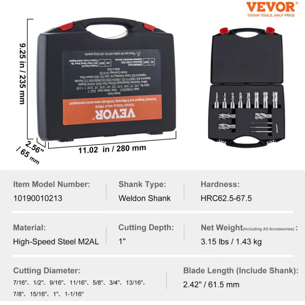 VEVOR Annular Cutter Set, 13 pcs Weldon Shank Mag Drill Bits, 7/16" to 1-1/16" Cutting Diameter, 1" Cutting Depth, M2AL HSS, 2 Pilot Pins, Hex Wrench and Portable Case, for Using with Magnetic Drills