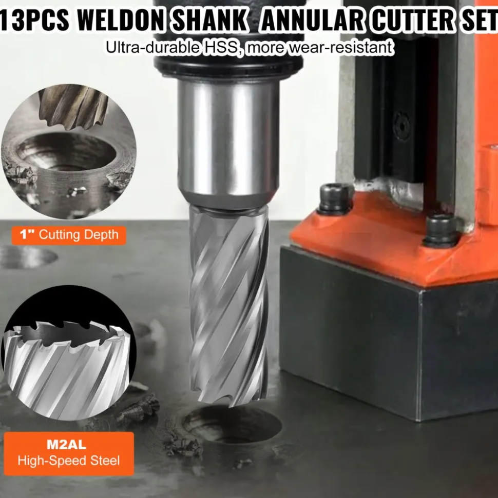 VEVOR Annular Cutter Set, 13 pcs Weldon Shank Mag Drill Bits, 7/16" to 1-1/16" Cutting Diameter, 1" Cutting Depth, M2AL HSS, 2 Pilot Pins, Hex Wrench and Portable Case, for Using with Magnetic Drills