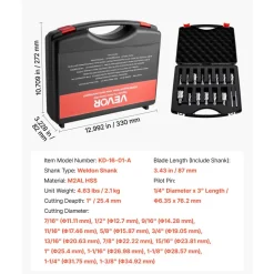 VEVOR Annular Cutter Set, 16 pcs Weldon Shank Mag Drill Bits Kit, 1" Cutting Depth, 7/16" to 1-3/8" Cutting Diameter, HSS, 14 Drill Bits with 2 Pilot Pins, Plastic Case, for Magnetic Drills, Steel