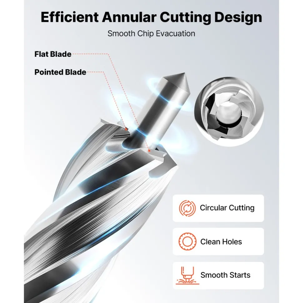 VEVOR Annular Cutter Set, 5 pcs Weldon Shank Mag Drill Bits Kit, 1" Cutting Depth, 1/2" Cutting Diameter, HSS, 3 Drill Bits with 2 Pilot Pins and 3 Plastic Cases, for Magnetic Drills, Steel, Aluminum