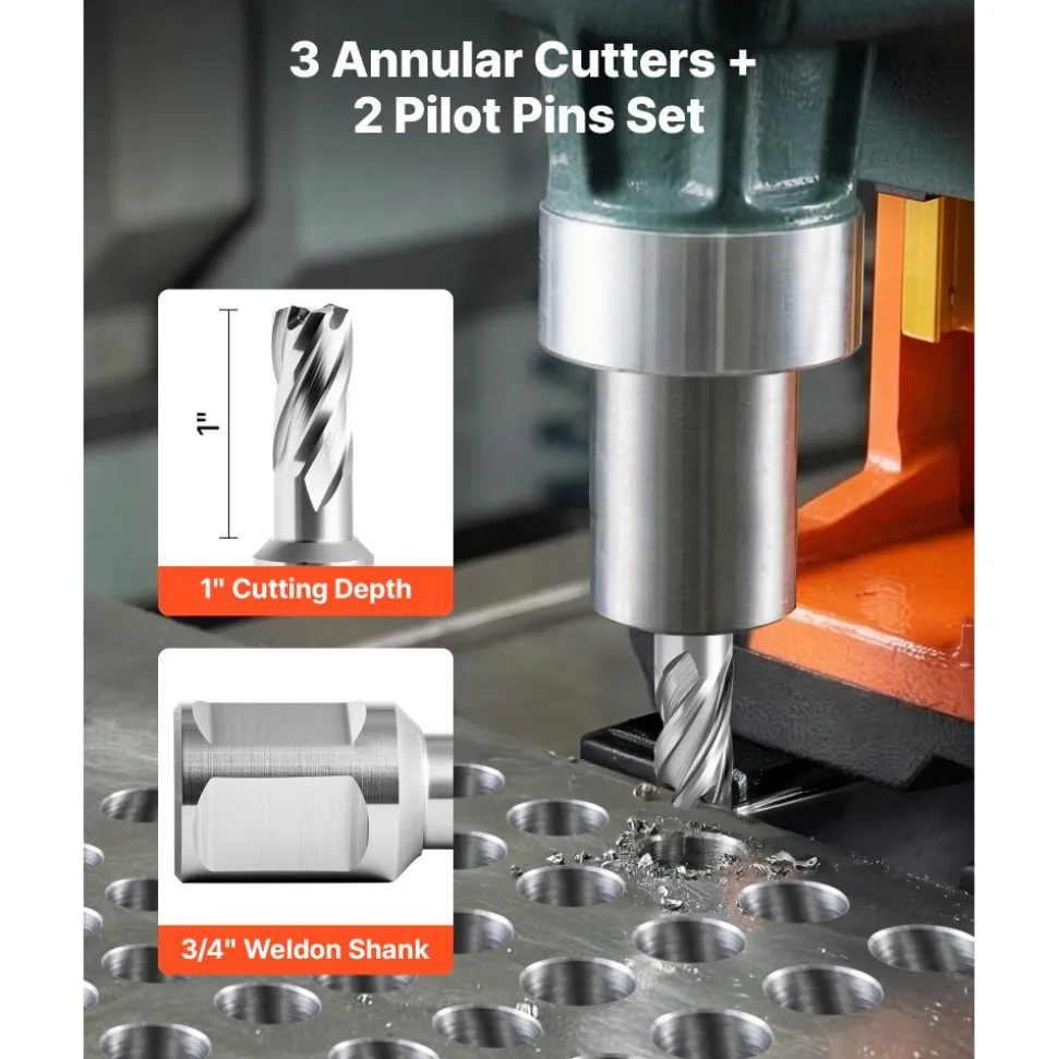 VEVOR Annular Cutter Set, 5 pcs Weldon Shank Mag Drill Bits Kit, 1" Cutting Depth, 1/2" Cutting Diameter, HSS, 3 Drill Bits with 2 Pilot Pins and 3 Plastic Cases, for Magnetic Drills, Steel, Aluminum