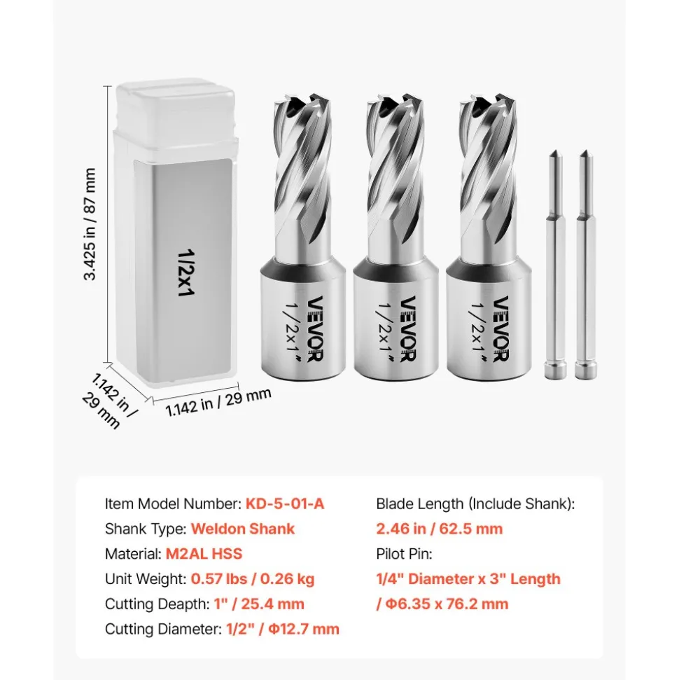 VEVOR Annular Cutter Set, 5 pcs Weldon Shank Mag Drill Bits Kit, 1" Cutting Depth, 1/2" Cutting Diameter, HSS, 3 Drill Bits with 2 Pilot Pins and 3 Plastic Cases, for Magnetic Drills, Steel, Aluminum