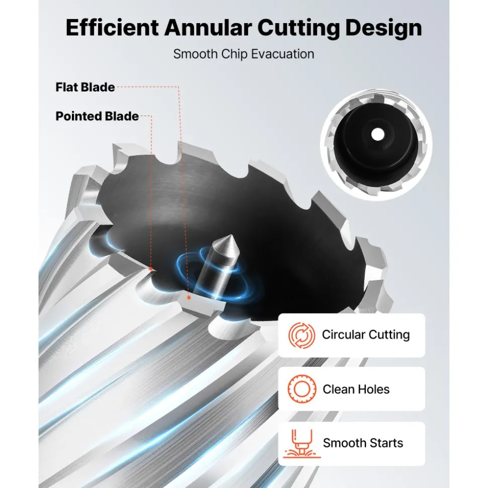 VEVOR Annular Cutter Set, 5 pcs Weldon Shank Mag Drill Bits Kit, 1" Cutting Depth, 1/2", 5/8", 1" Cutting Diameter, HSS, 3 Drill Bits with 2 Pilot Pins and 3 Plastic Cases, for Magnetic Drills, Steel
