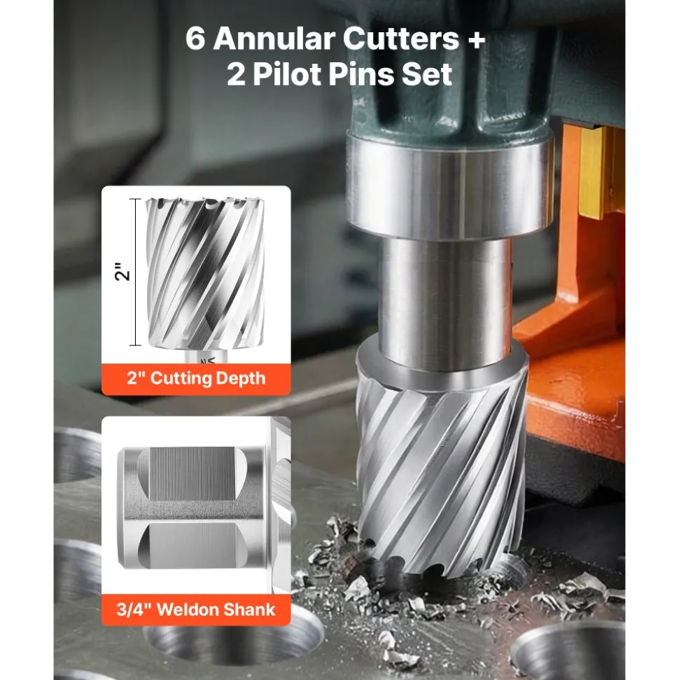 VEVOR Annular Cutter Set, 5 pcs Weldon Shank Mag Drill Bits Kit, 1" Cutting Depth, 1/2", 5/8", 1" Cutting Diameter, HSS, 3 Drill Bits with 2 Pilot Pins and 3 Plastic Cases, for Magnetic Drills, Steel