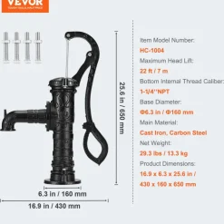 VEVOR Antique Well Hand Pitcher Pump, 22ft Maximum Lift, Cast Iron Manual Hand Water Pump with Ergonomic Handle NPT1-1/4