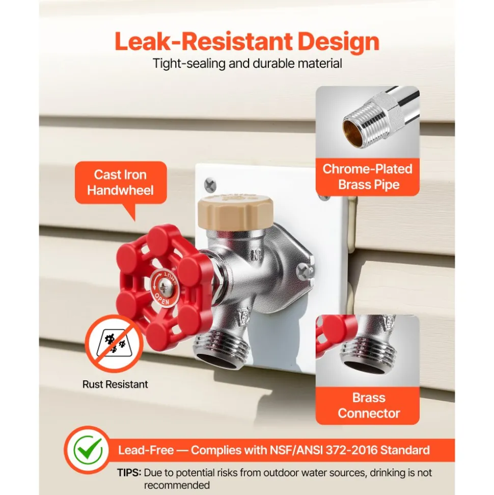 VEVOR Anti-Siphon Frost-Proof Sillcock, 12" Freeze Proof Outdoor Faucet Bib with Backflow Preventer, 1/2" Push-to-Fit Connector X 3/4" Hose Bibb, No Lead Frost-free Spigot for PEX Copper CPVC Pipes
