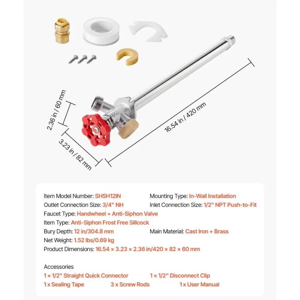 VEVOR Anti-Siphon Frost-Proof Sillcock, 12" Freeze Proof Outdoor Faucet Bib with Backflow Preventer, 1/2" Push-to-Fit Connector X 3/4" Hose Bibb, No Lead Frost-free Spigot for PEX Copper CPVC Pipes