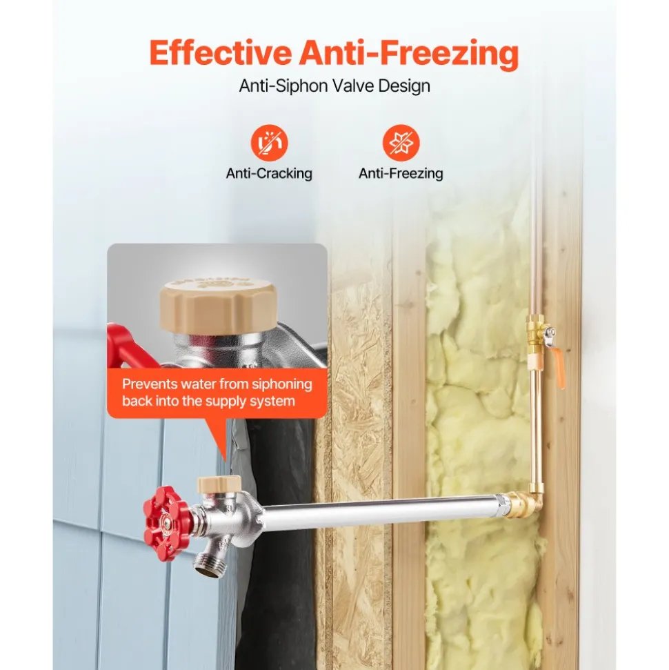 VEVOR Anti-Siphon Frost-Proof Sillcock, 12" Freeze Proof Outdoor Faucet Bib with Backflow Preventer, 1/2" Push-to-Fit Connector X 3/4" Hose Bibb, No Lead Frost-free Spigot for PEX Copper CPVC Pipes