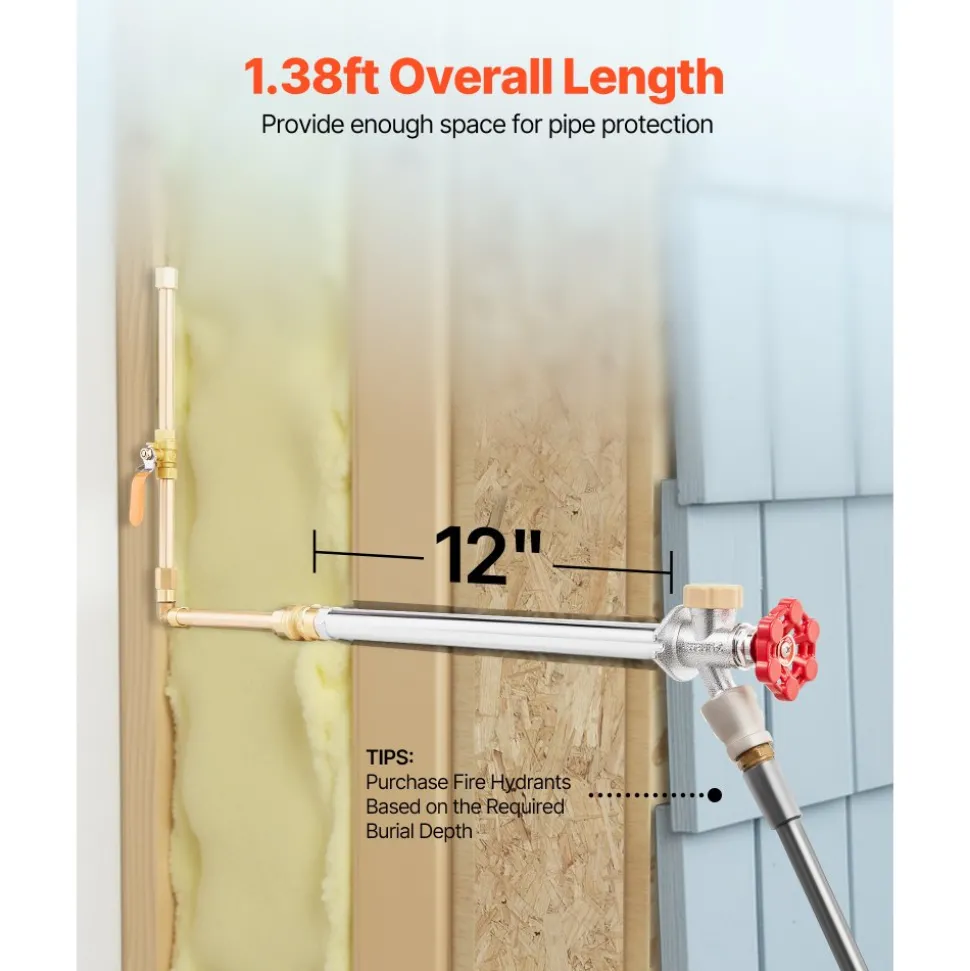 VEVOR Anti-Siphon Frost-Proof Sillcock, 12" Freeze Proof Outdoor Faucet Bib with Backflow Preventer, 1/2" Push-to-Fit Connector X 3/4" Hose Bibb, No Lead Frost-free Spigot for PEX Copper CPVC Pipes