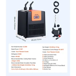 VEVOR Aquarium Chiller 52 Gallon, 1/10 HP Water Chiller for Hydroponics, Fast Cooling for Fish Tank, Axolotl, Coral Reef, Quiet Refrigeration Compressor, Titanium Evaporator, Complete Fittings